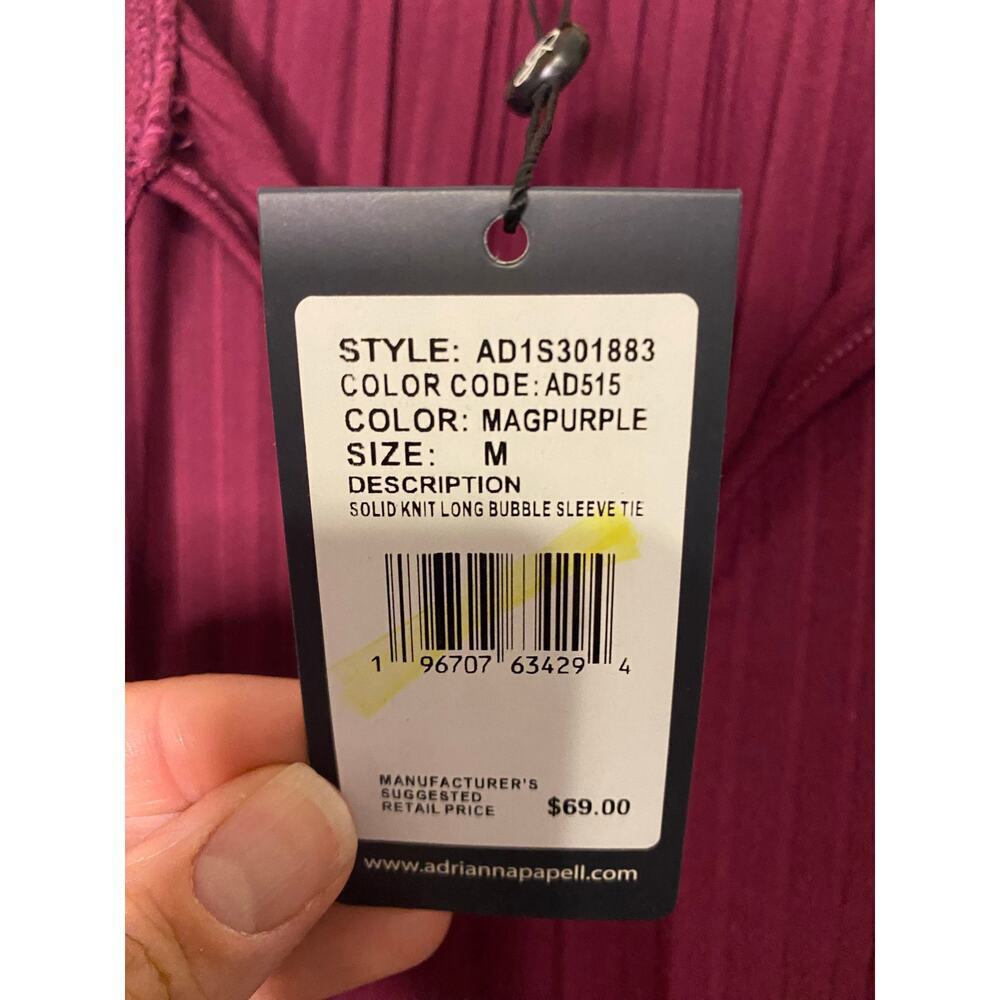 New Adrianna Papell Magenta Blouse Solid Knit Long Bubble Sleeve Tie Festival M - Picture 5 of 12